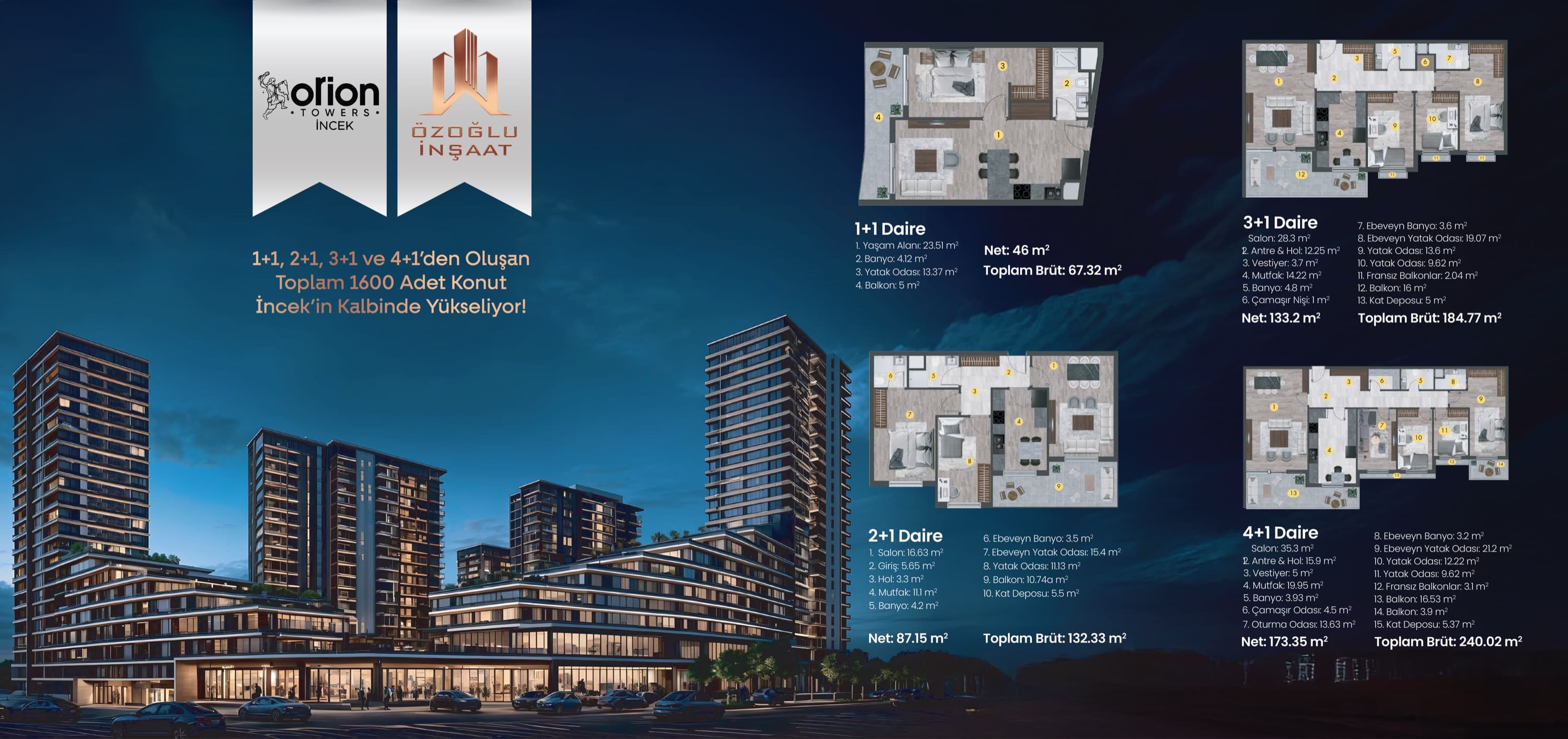 Orion Towers İncek daire tipleri ve kat planları